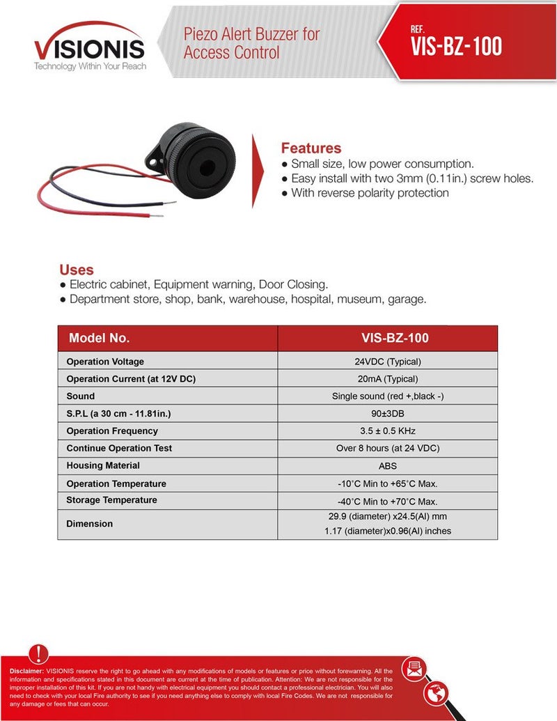Visionis VIS-BZ-100 Piezo Alert Buzzer for Access Control and Buzz-in Systems